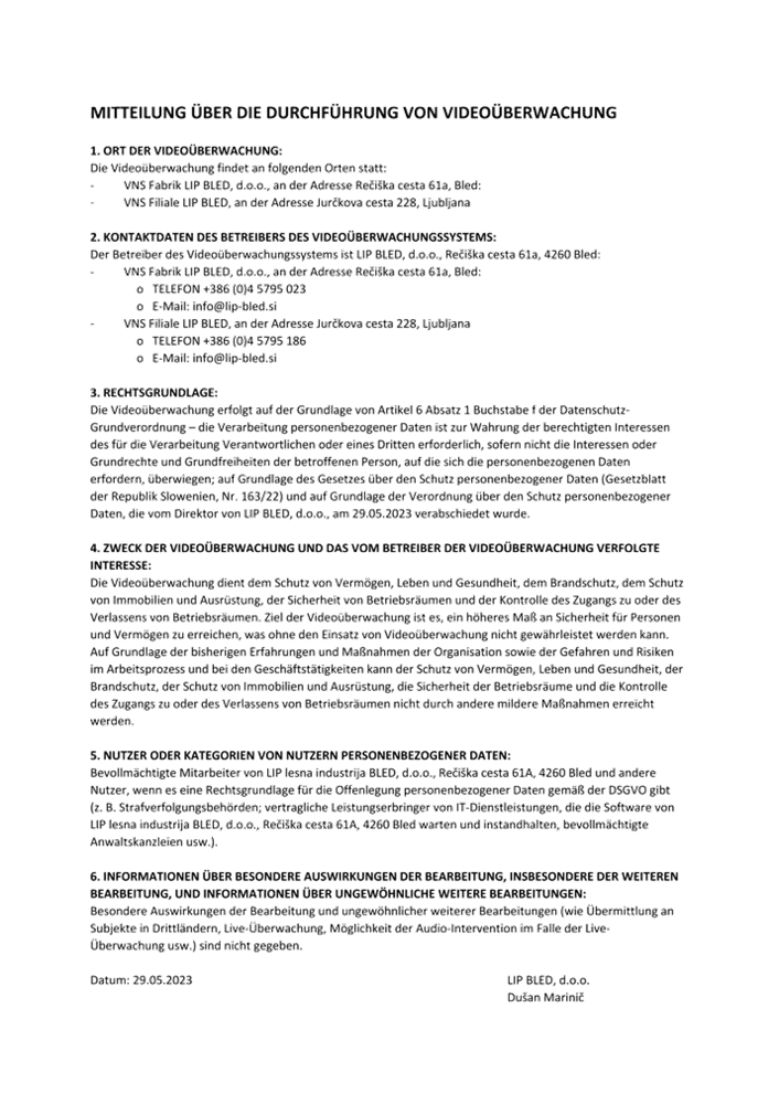 MITTEILUNG ÜBER DIE DURCHFÜHRUNG VON VIDEOÜBERWACHUNG